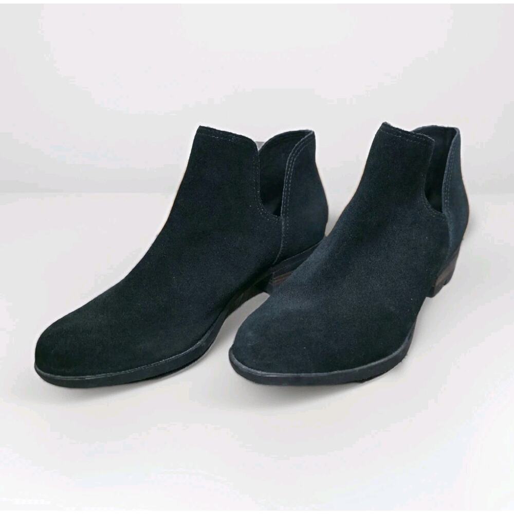 Women's 9 Sorel Lolla Cut Out Booties Black Leather Boots Ankle Slip-On Suede